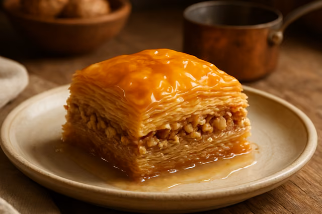 בקלווה בחיתוך מעויינים עם שכבות פילו זהובות, אגוזים וצנוברים וברק של סירופ דבש